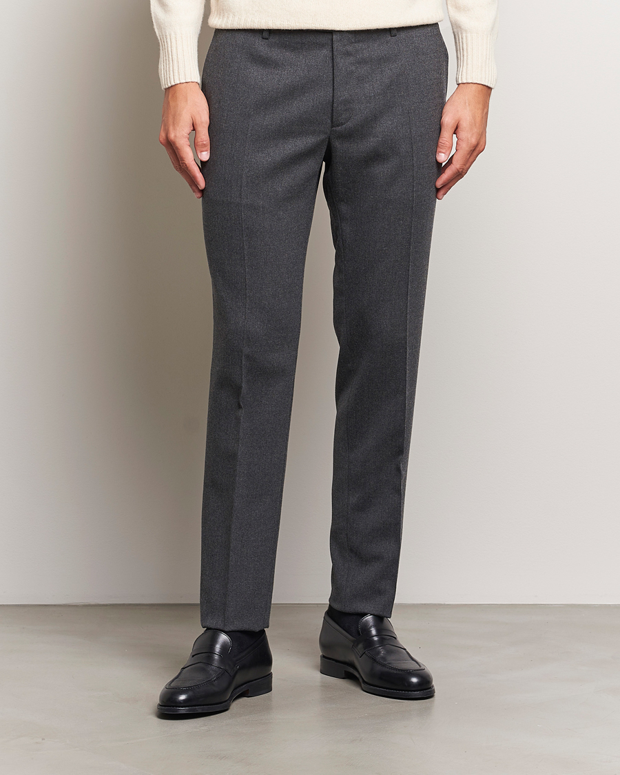 Hombres | Pantalones | Incotex | Silm Fit Washable Flannel Trousers Dark Grey