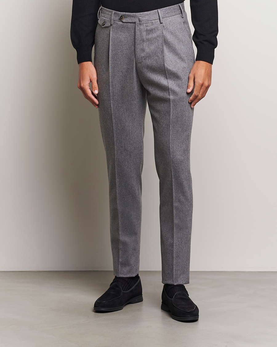 Hombres | Pantalones | PT01 | Slim Fit Pleated Wool/Cashmere Trousers Grey Melange