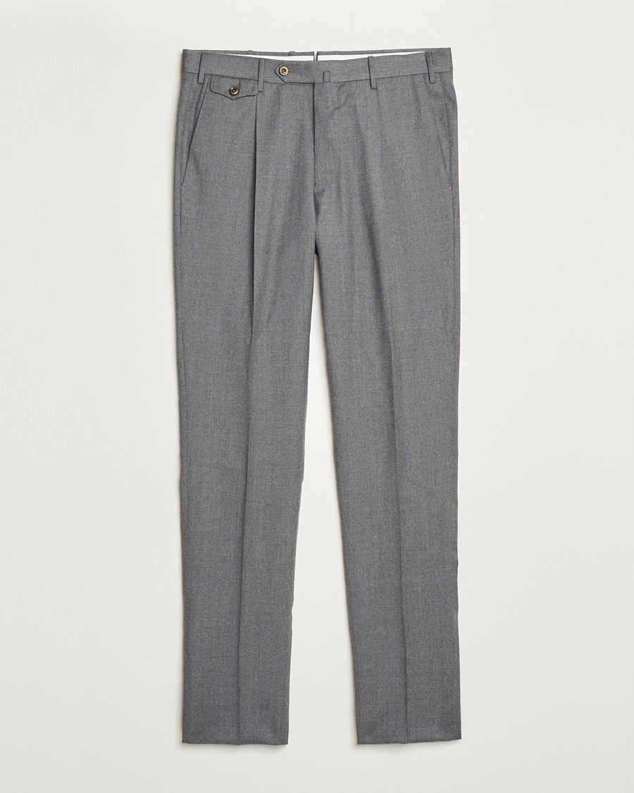 Hombres | Pantalones | PT01 | Slim Fit Pleated Flannel Trousers Grey Melange