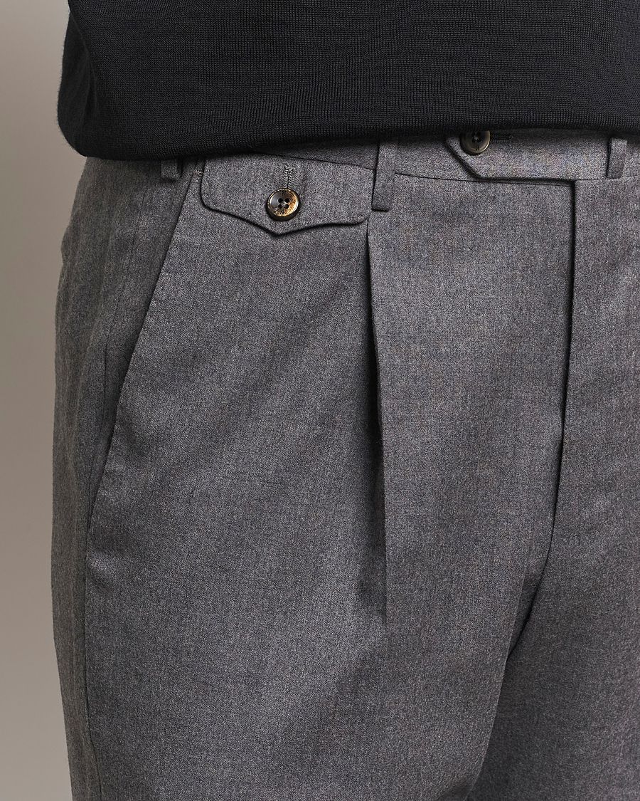 Hombres | Pantalones | PT01 | Slim Fit Pleated Flannel Trousers Grey Melange