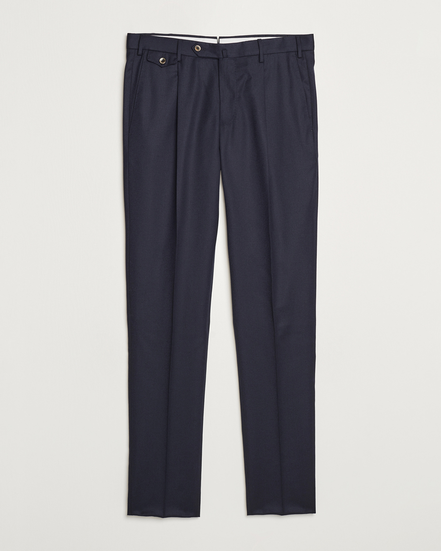 Hombres | Pantalones | PT01 | Slim Fit Pleated Flannel Trousers Navy