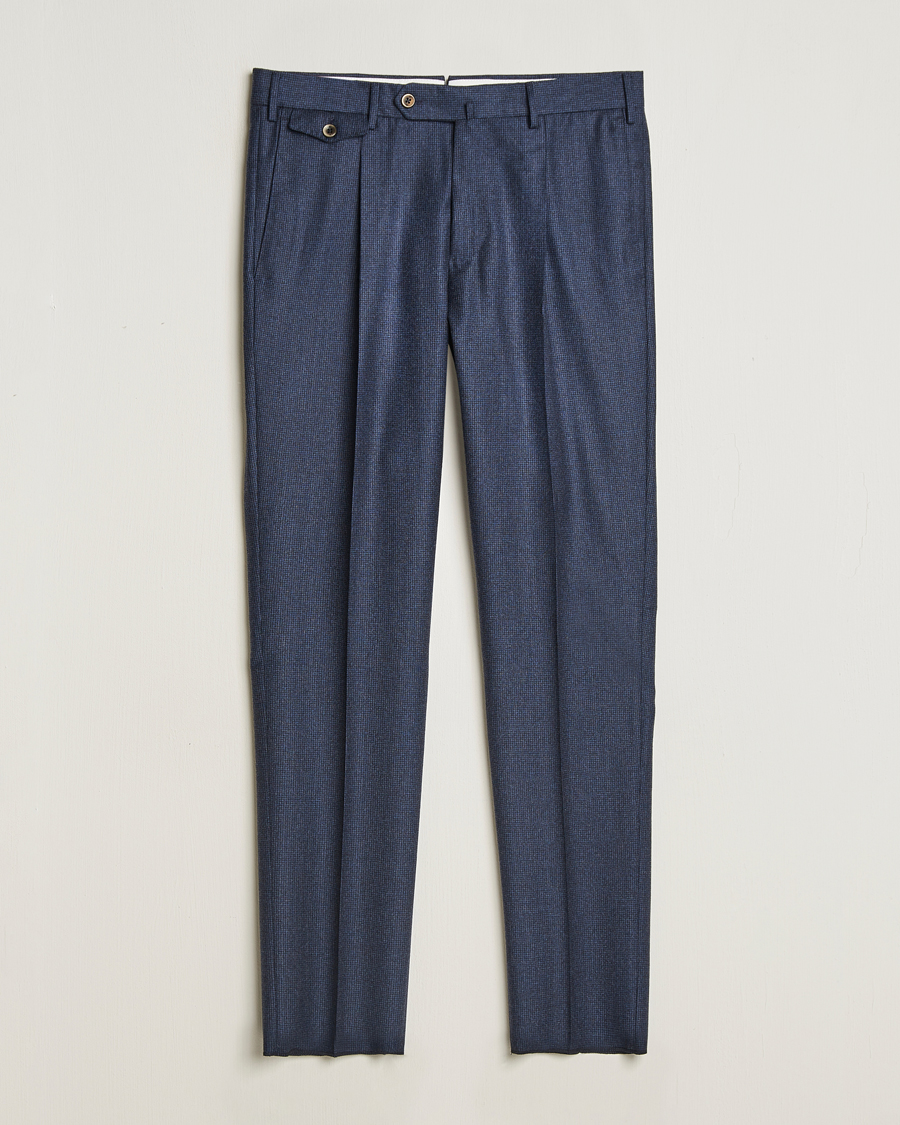 Hombres | Pantalones | PT01 | Slim Fit Pleated Houndstooth Flannel Trousers Navy