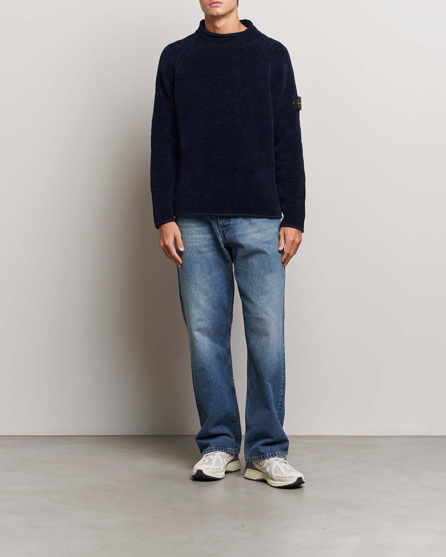 Hombres | Jerséis y prendas de punto | Stone Island | Cotton Chenille Mock Neck Navy Blue