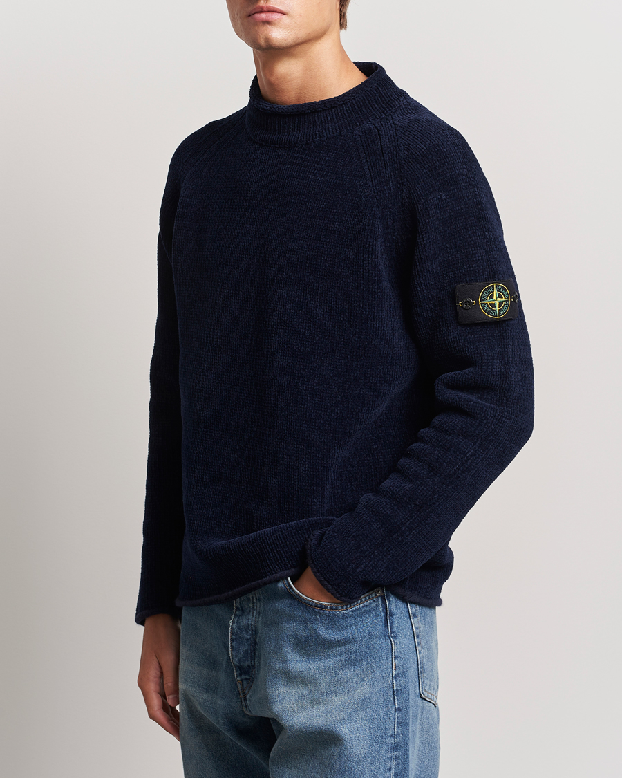 Hombres | Jerséis y prendas de punto | Stone Island | Cotton Chenille Mock Neck Navy Blue