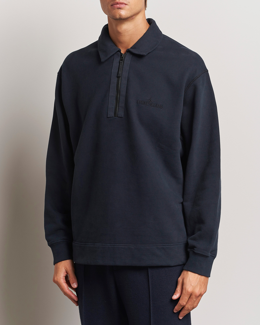 Hombres | Jerséis y prendas de punto | Stone Island | Garment Dyed Fleece Zip Polo Navy Blue