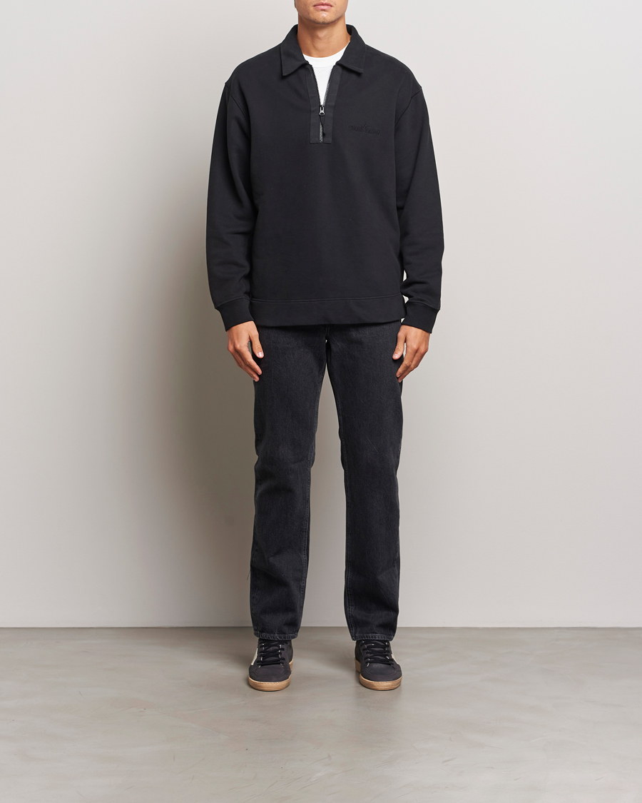 Hombres | Jerséis y prendas de punto | Stone Island | Garment Dyed Fleece Zip Polo Black