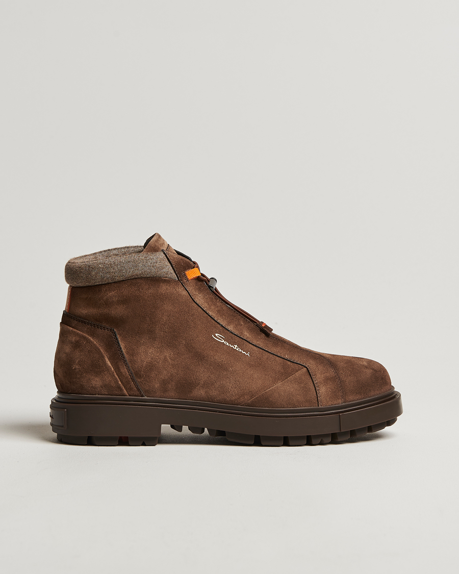 Hombres | Santoni St Moritz No Lace Boot Dark Brown Suede | Santoni | St Moritz No Lace Boot Dark Brown Suede