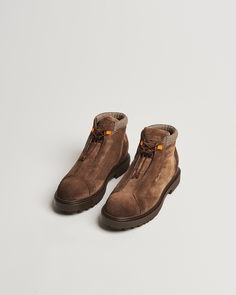 Hombres | Santoni St Moritz No Lace Boot Dark Brown Suede | Santoni | St Moritz No Lace Boot Dark Brown Suede