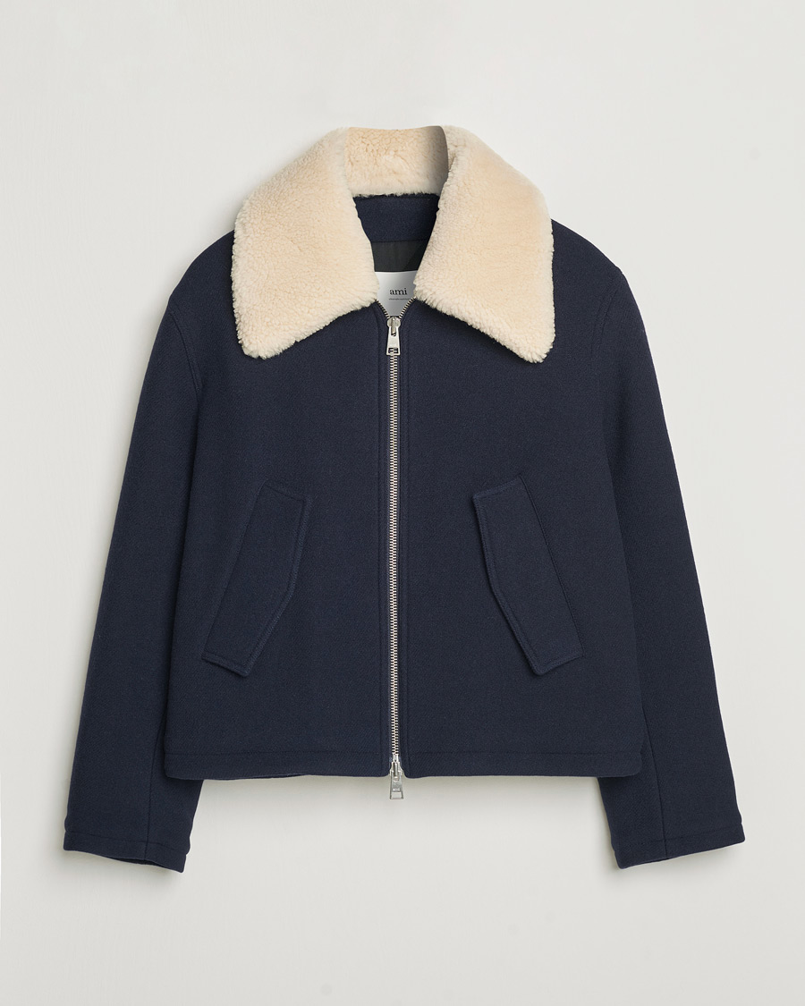 Hombres | Abrigos y chaquetas | AMI | Wool Shearling Bomber Jacket Navy