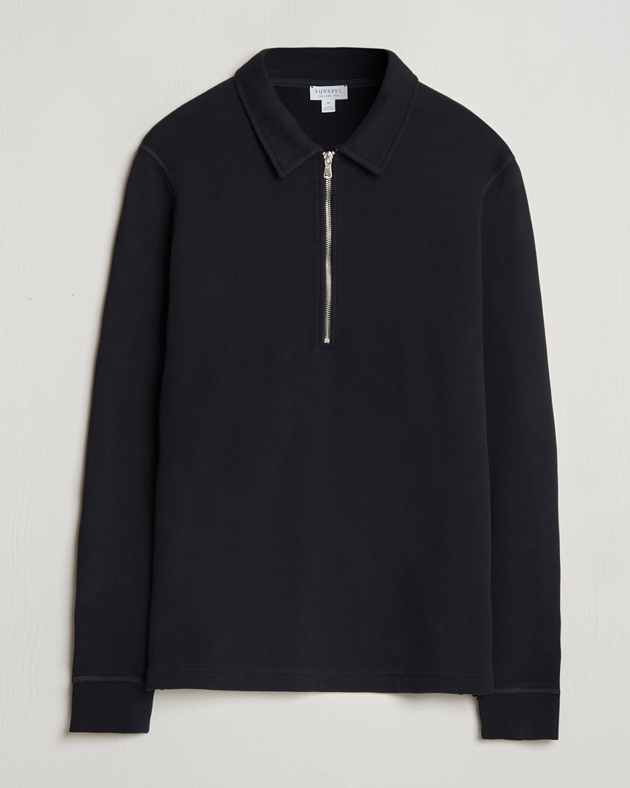 Hombres | Jerséis y prendas de punto | Sunspel | Zip Loopback Sweatshirt Polo Black