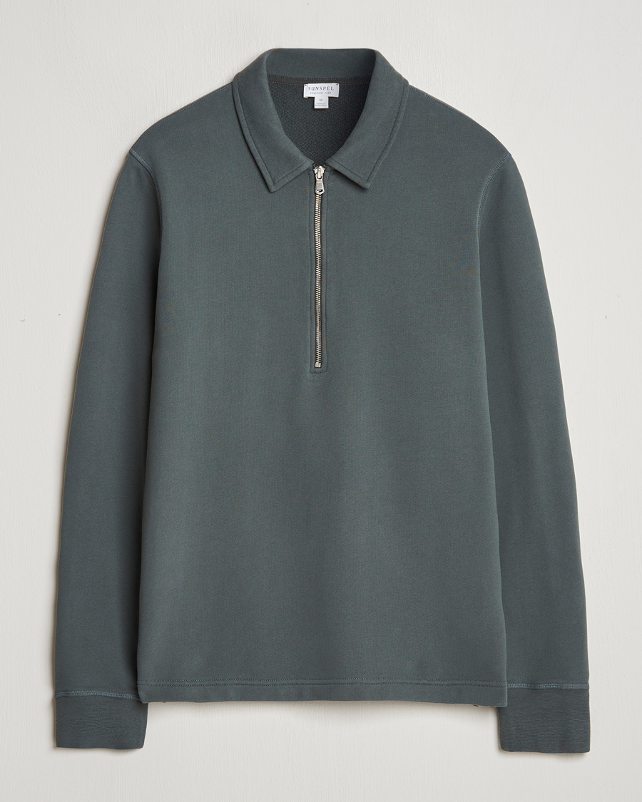 Hombres | Jerséis y prendas de punto | Sunspel | Zip Loopback Sweatshirt Polo Drill Green
