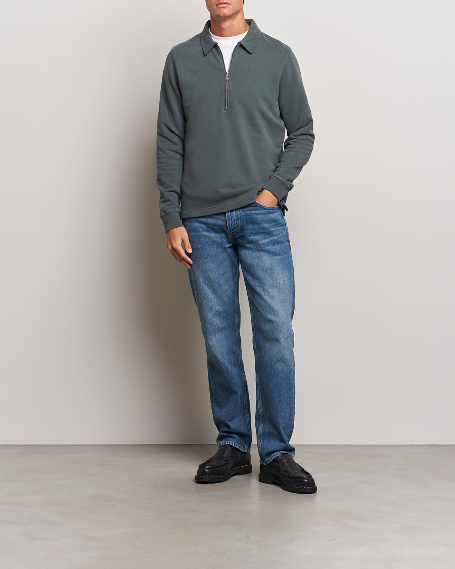 Hombres | Jerséis y prendas de punto | Sunspel | Zip Loopback Sweatshirt Polo Drill Green