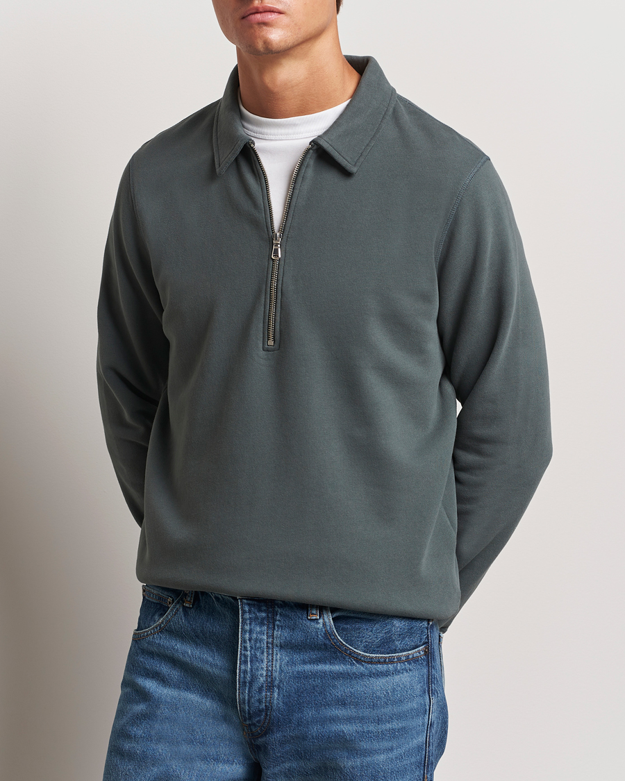 Hombres | Jerséis y prendas de punto | Sunspel | Zip Loopback Sweatshirt Polo Drill Green