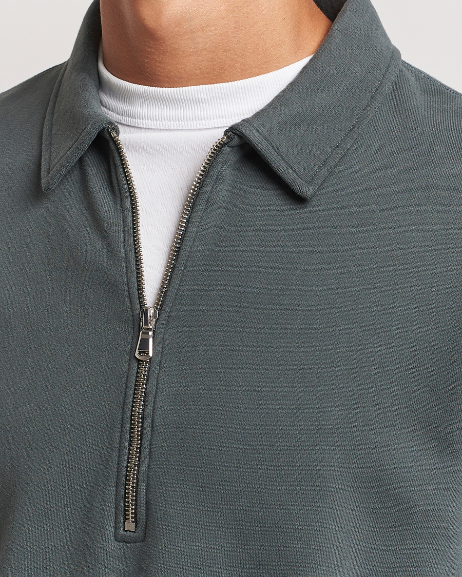 Hombres | Jerséis y prendas de punto | Sunspel | Zip Loopback Sweatshirt Polo Drill Green