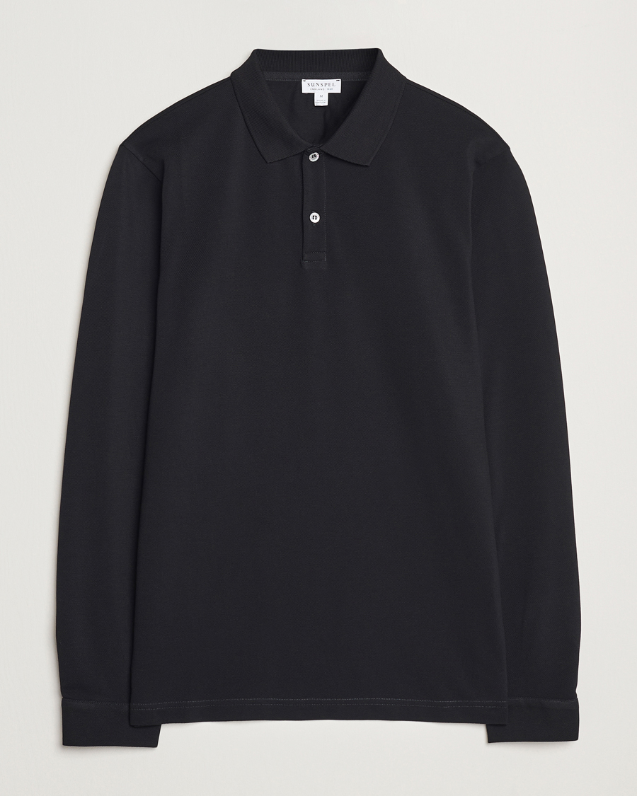 Hombres | Jerséis y prendas de punto | Sunspel | Long Sleeve Pique Poloshirt Black