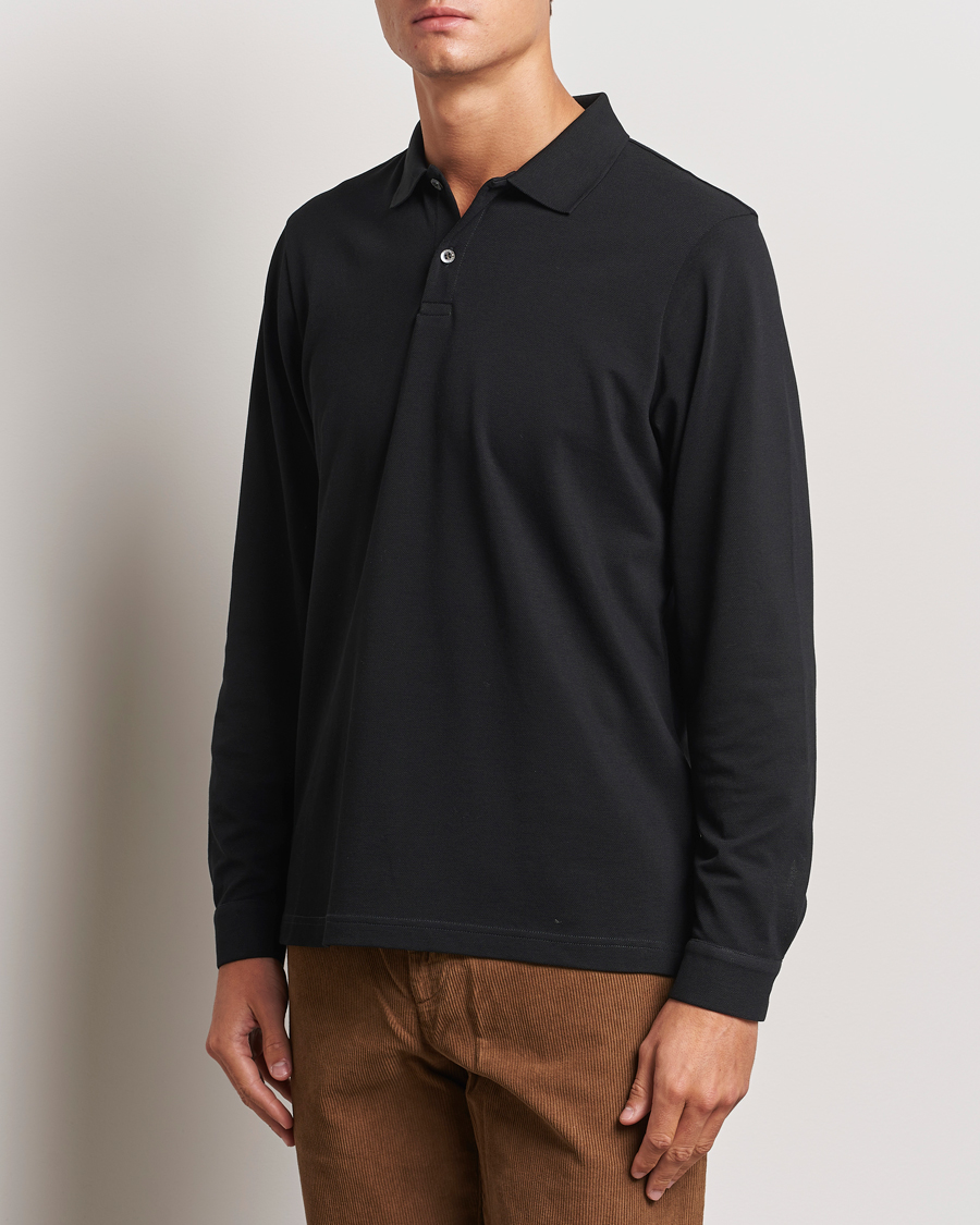 Hombres | Jerséis y prendas de punto | Sunspel | Long Sleeve Pique Poloshirt Black
