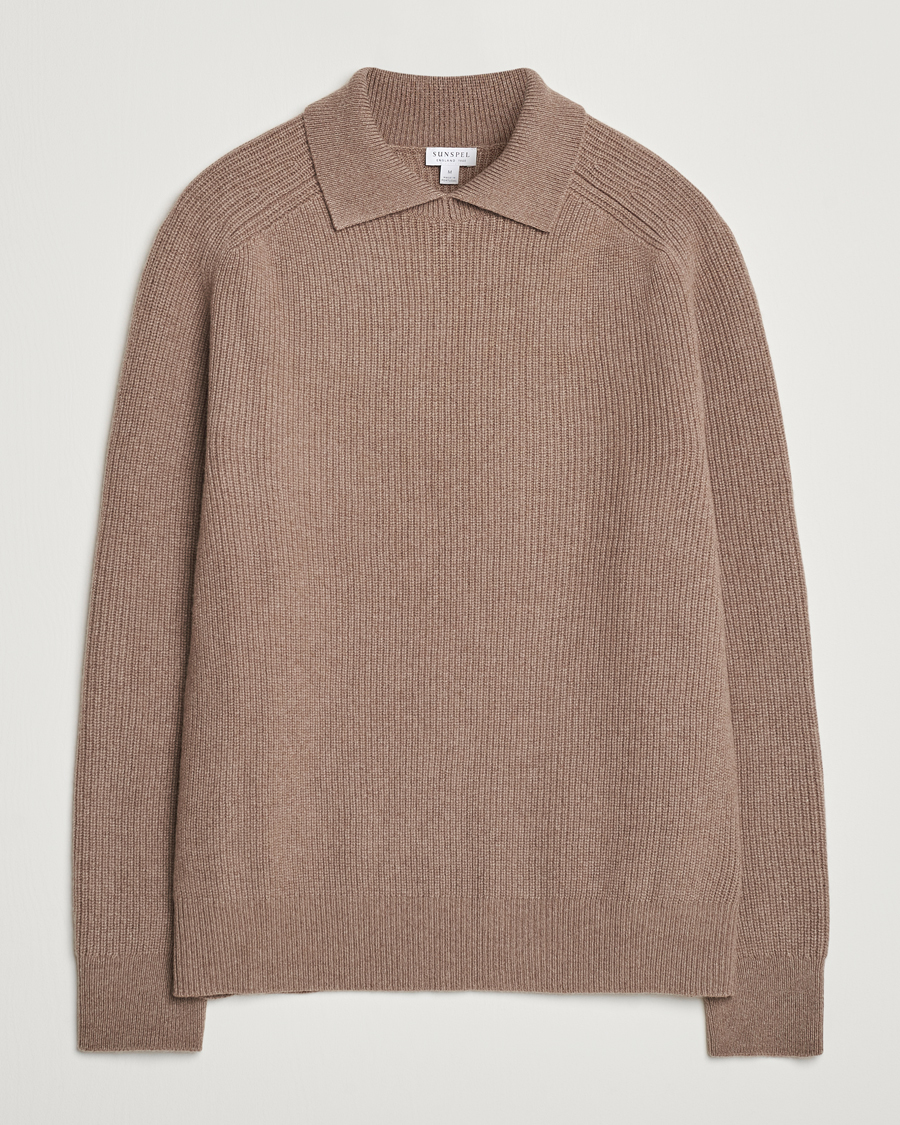 Hombres | Jerséis y prendas de punto | Sunspel | Ribbed Wool/Cashmere Poloneck Sandstone