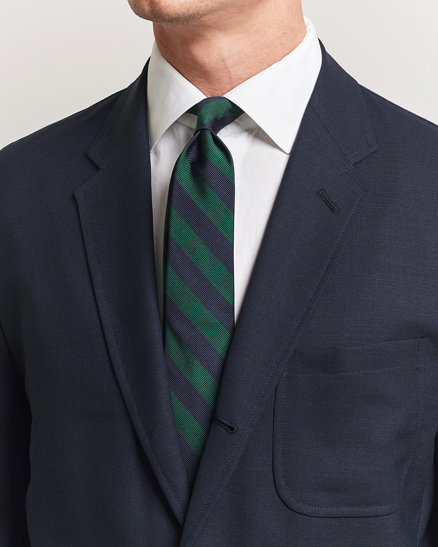 Hombres | Kamakura Shirts Vintage Ivy Regimental Stripe Silk Tie Navy/Green | Kamakura Shirts | Vintage Ivy Regimental Stripe Silk Tie Navy/Green