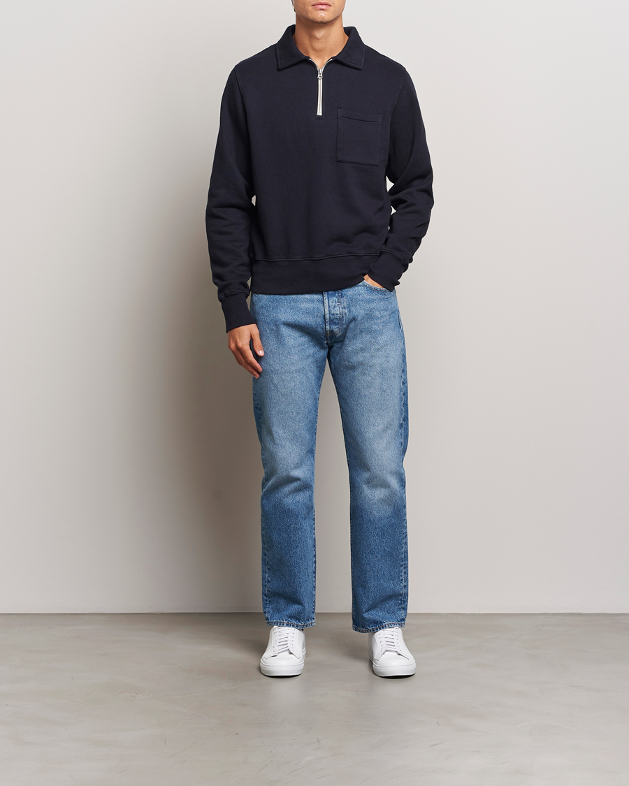 Hombres | Jerséis y prendas de punto | Merz b. Schwanen | Vintage Fleece Half Zip Sweatshirt Dark Navy