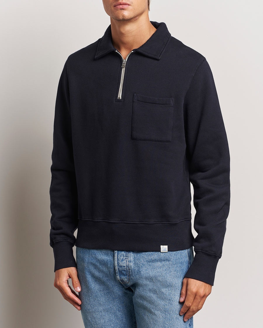 Hombres | Jerséis y prendas de punto | Merz b. Schwanen | Vintage Fleece Half Zip Sweatshirt Dark Navy