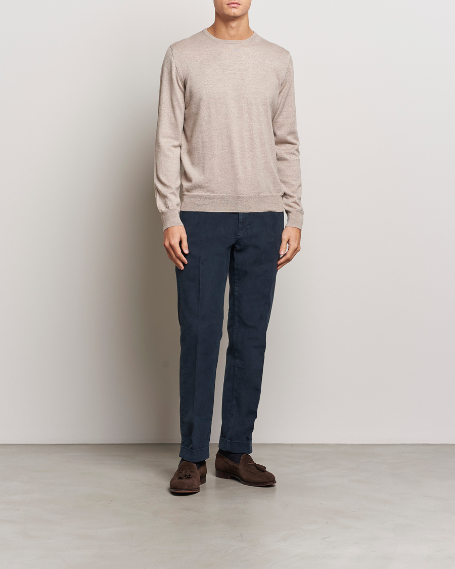Hombres | Jerséis y prendas de punto | Gran Sasso | Merino Fashion Fit Crew Neck Pullover Light Beige