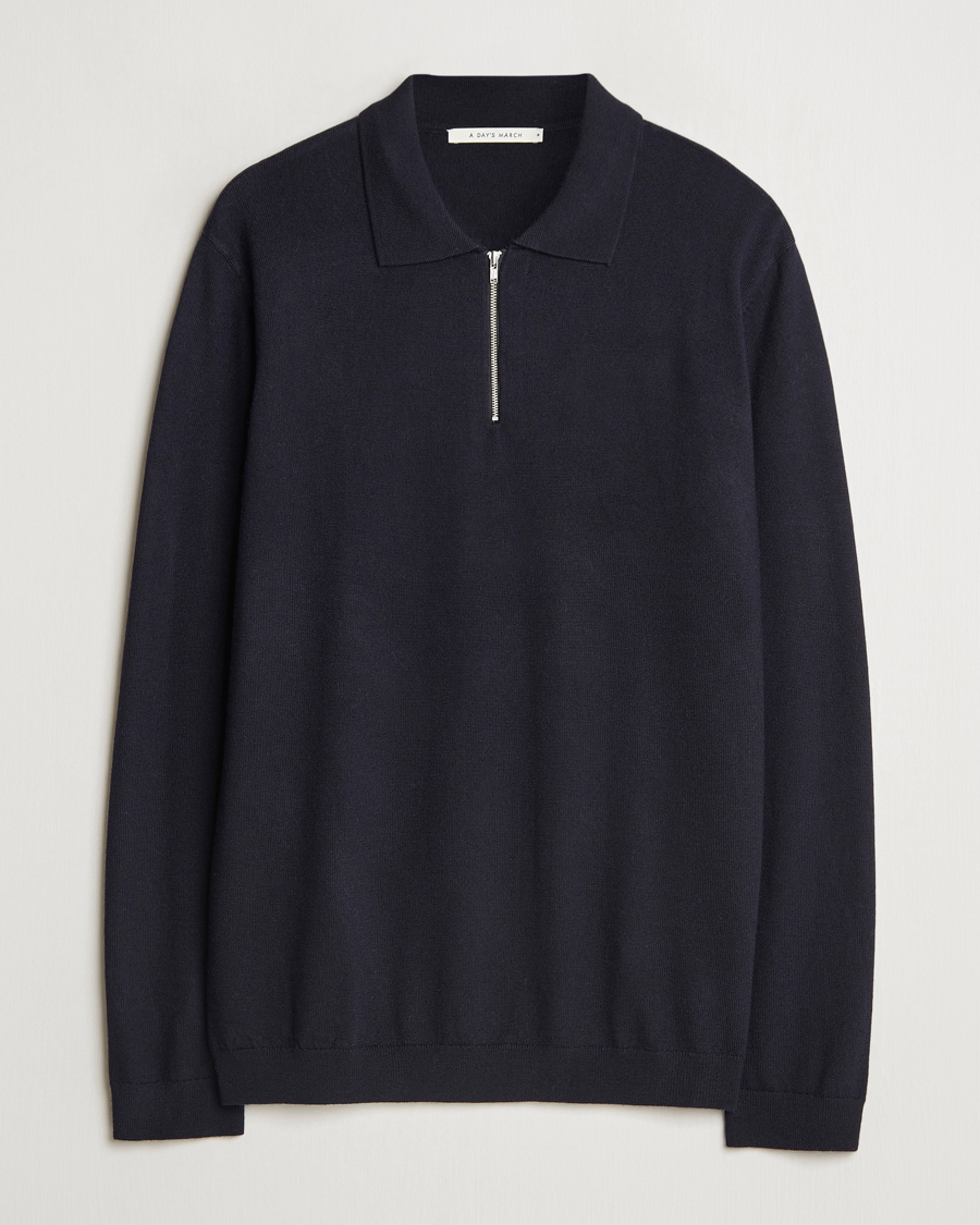 Hombres | Jerséis y prendas de punto | A Day's March | Thompson Merino Half-Zip Polo Navy