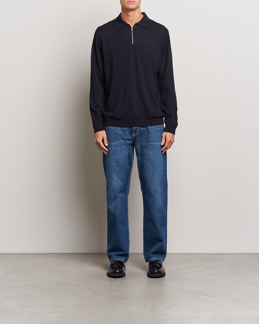 Hombres | Jerséis y prendas de punto | A Day's March | Thompson Merino Half-Zip Polo Navy