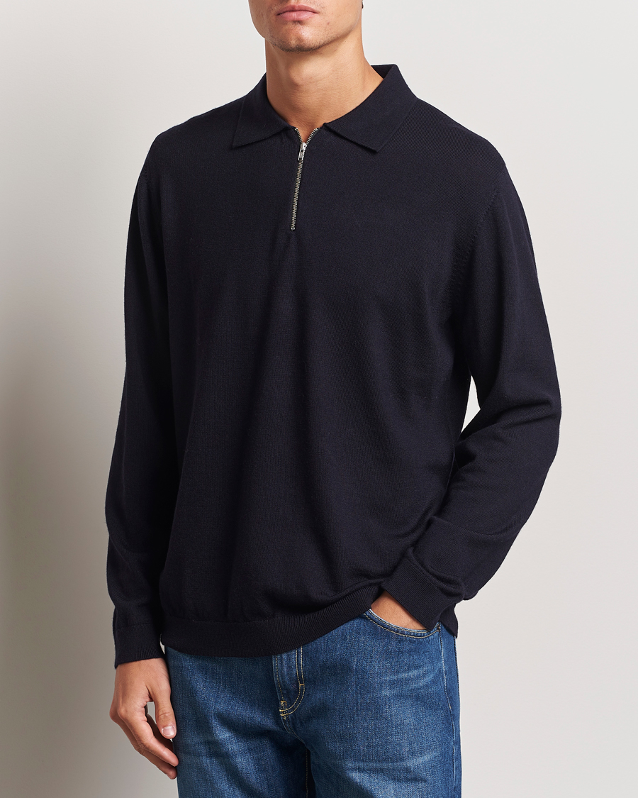 Hombres | Jerséis y prendas de punto | A Day's March | Thompson Merino Half-Zip Polo Navy