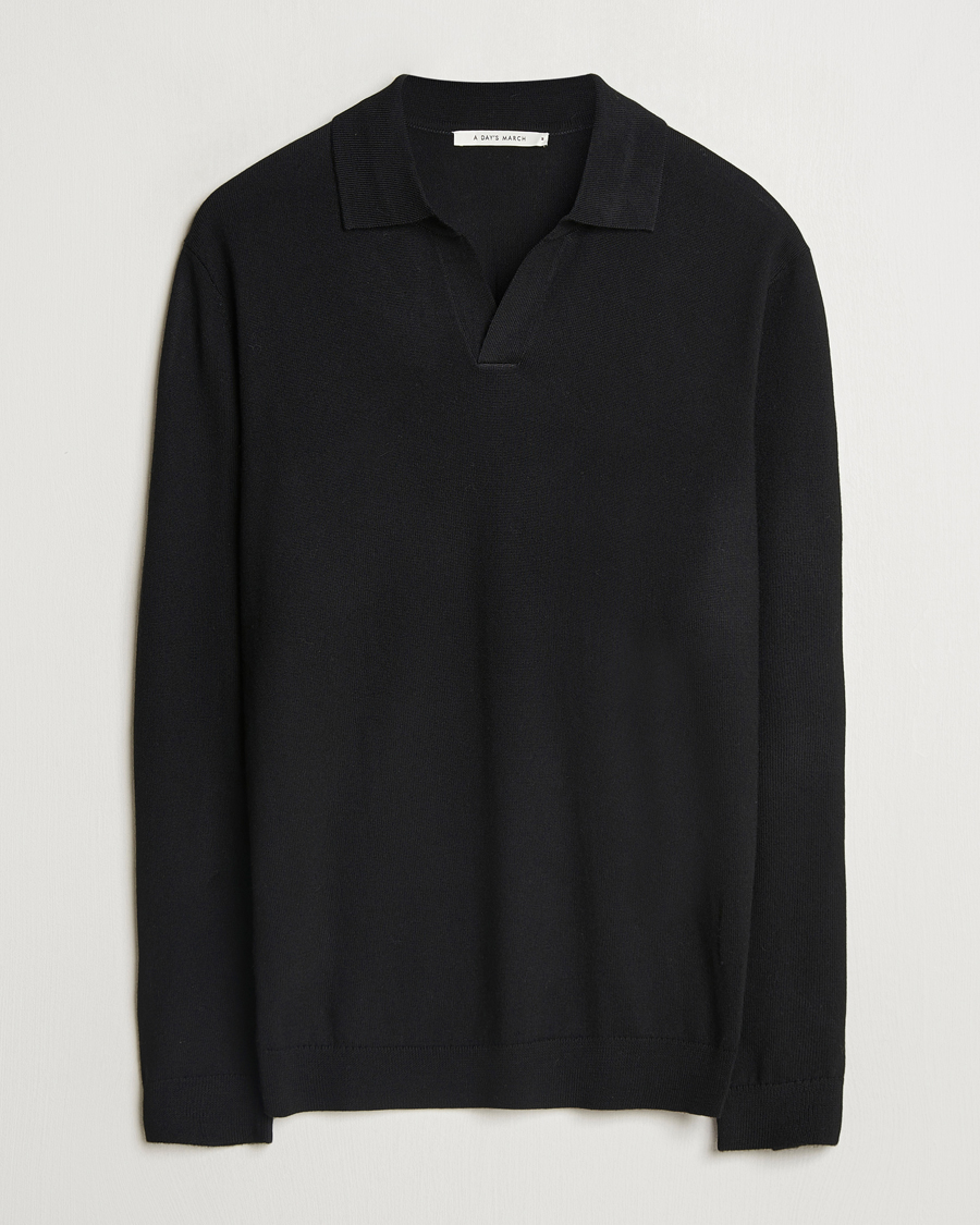 Hombres | Jerséis y prendas de punto | A Day's March | Manol Open Collar Merino Polo Black