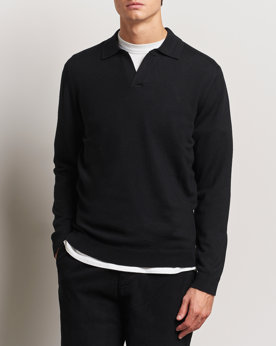 Hombres | Jerséis y prendas de punto | A Day's March | Manol Open Collar Merino Polo Black