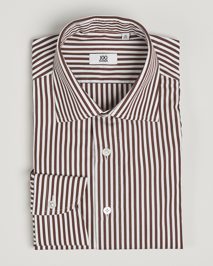 Hombres | Camisas | 100Hands | Striped Cut Away Cotton Shirt Brown