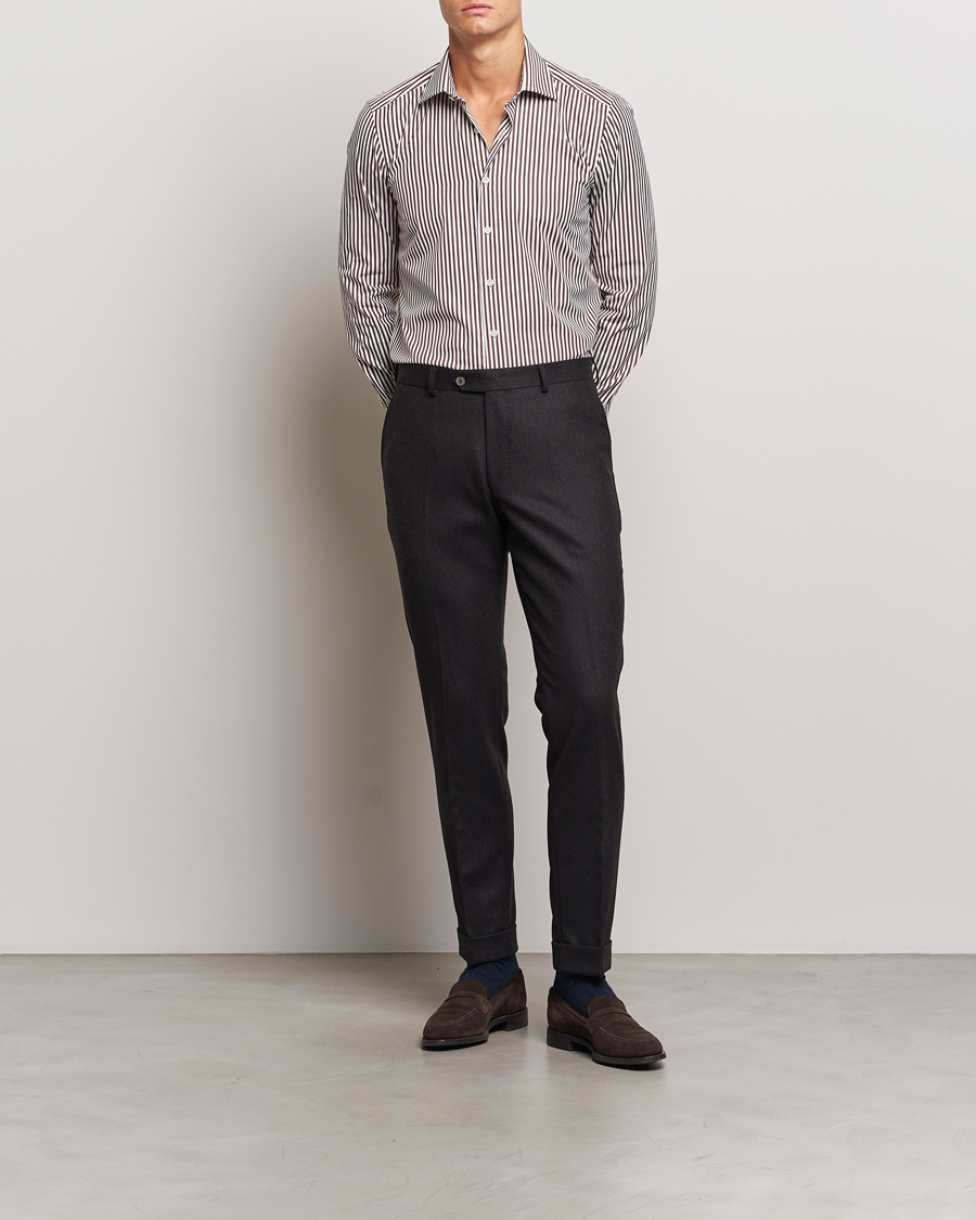 Hombres | Camisas | 100Hands | Striped Cut Away Cotton Shirt Brown