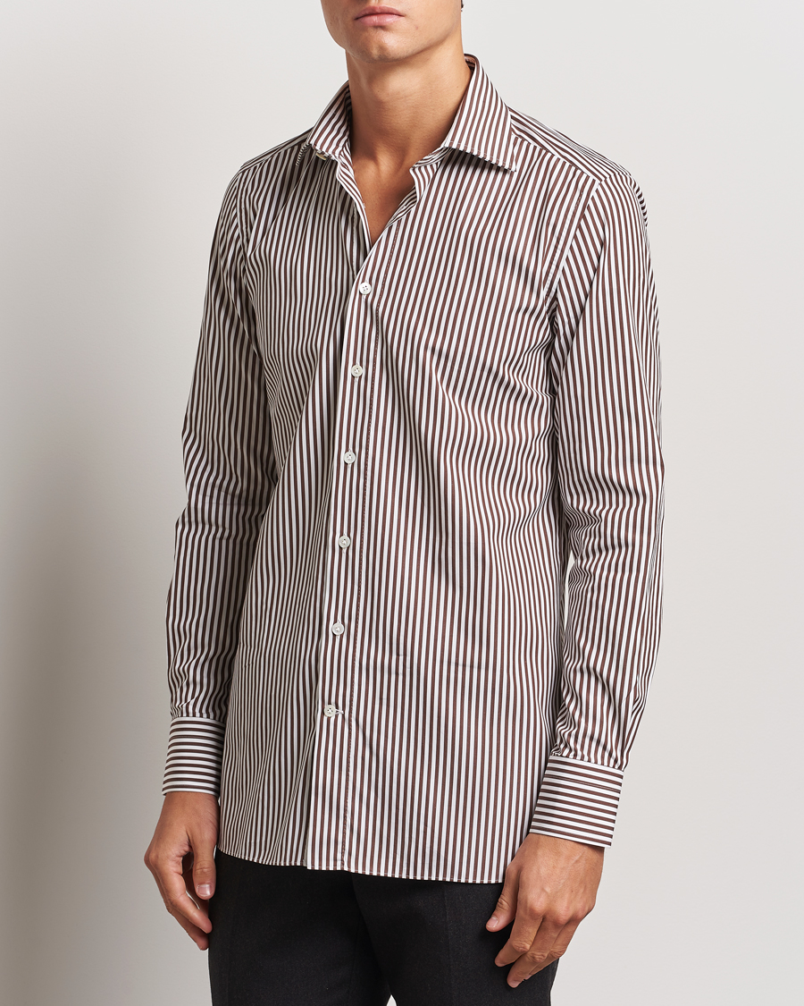 Hombres | Camisas | 100Hands | Striped Cut Away Cotton Shirt Brown
