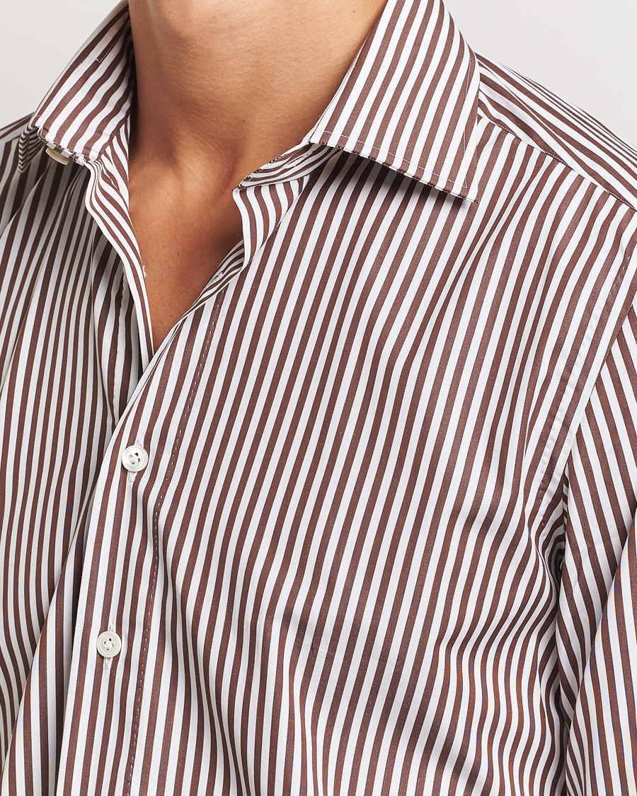 Hombres | Camisas | 100Hands | Striped Cut Away Cotton Shirt Brown