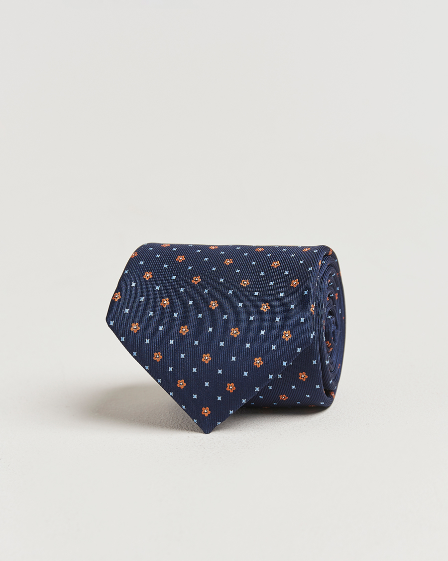 Hombres | E. Marinella 3-Fold Printed Silk Tie Navy/Orange | E. Marinella | 3-Fold Printed Silk Tie Navy/Orange