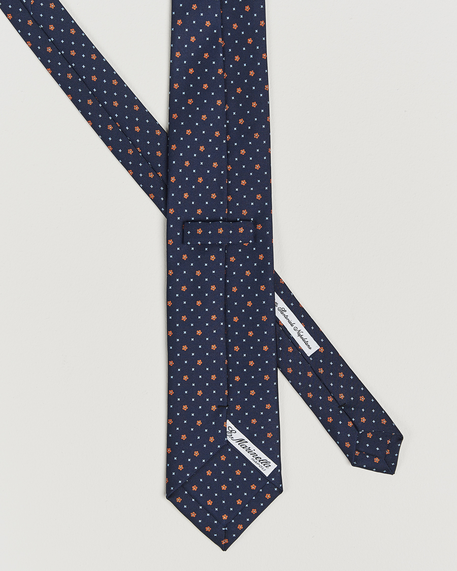 Hombres | E. Marinella 3-Fold Printed Silk Tie Navy/Orange | E. Marinella | 3-Fold Printed Silk Tie Navy/Orange