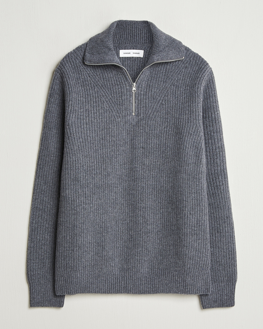 Hombres | Jerséis y prendas de punto | Samsøe Samsøe | Jacks Merino Rib Knitted Half Zip Charcoal