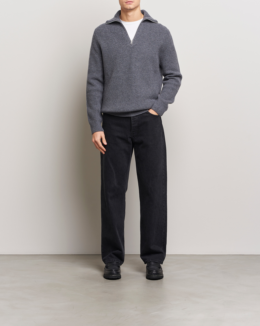 Hombres | Jerséis y prendas de punto | Samsøe Samsøe | Jacks Merino Rib Knitted Half Zip Charcoal