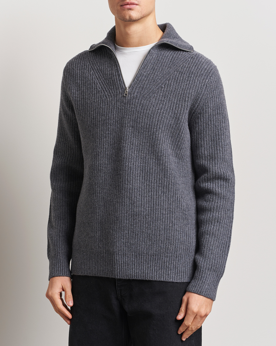 Hombres | Jerséis y prendas de punto | Samsøe Samsøe | Jacks Merino Rib Knitted Half Zip Charcoal