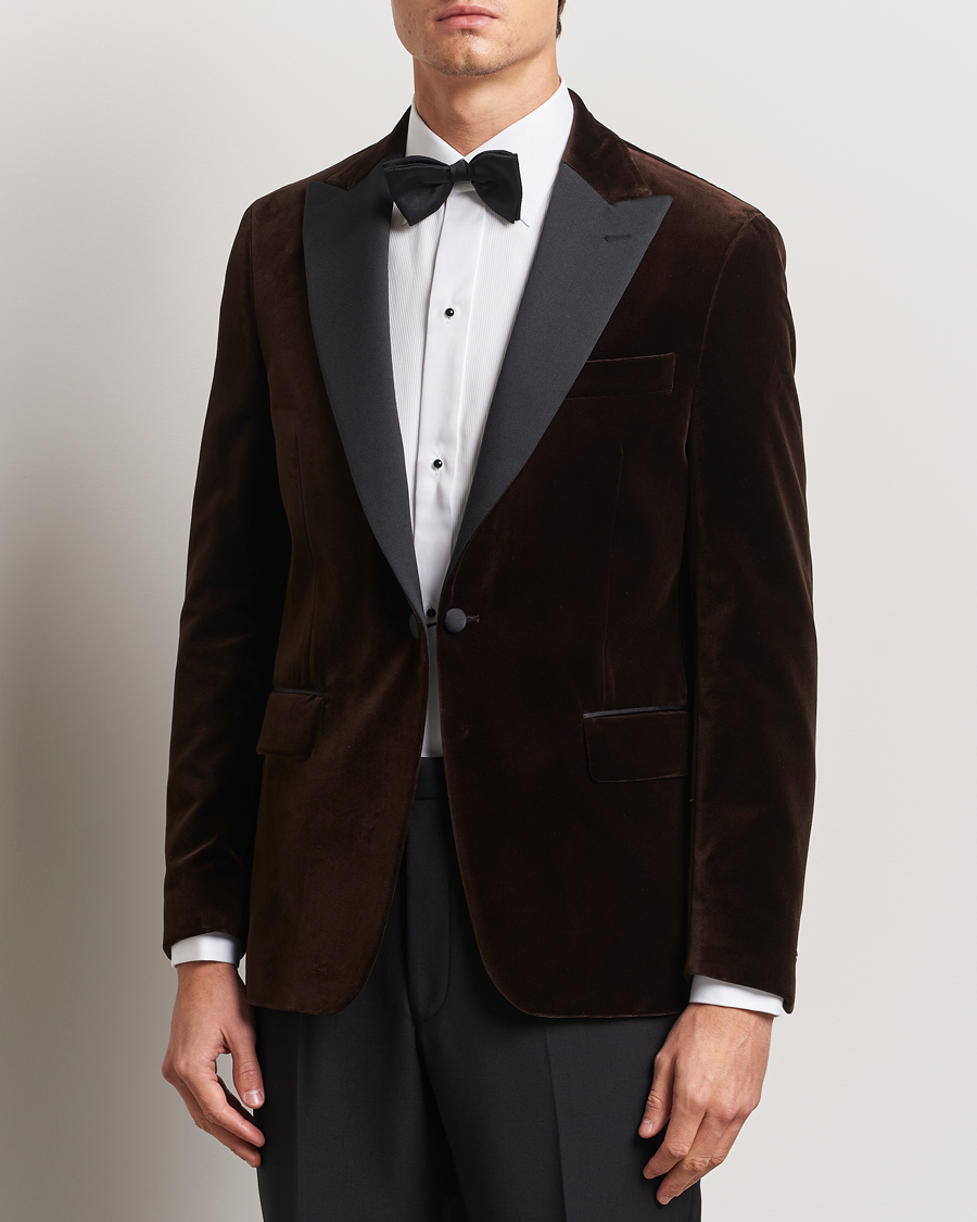Hombres | Blazers | Oscar Jacobson | Frampton Velvet Tuxedo Blazer Brown