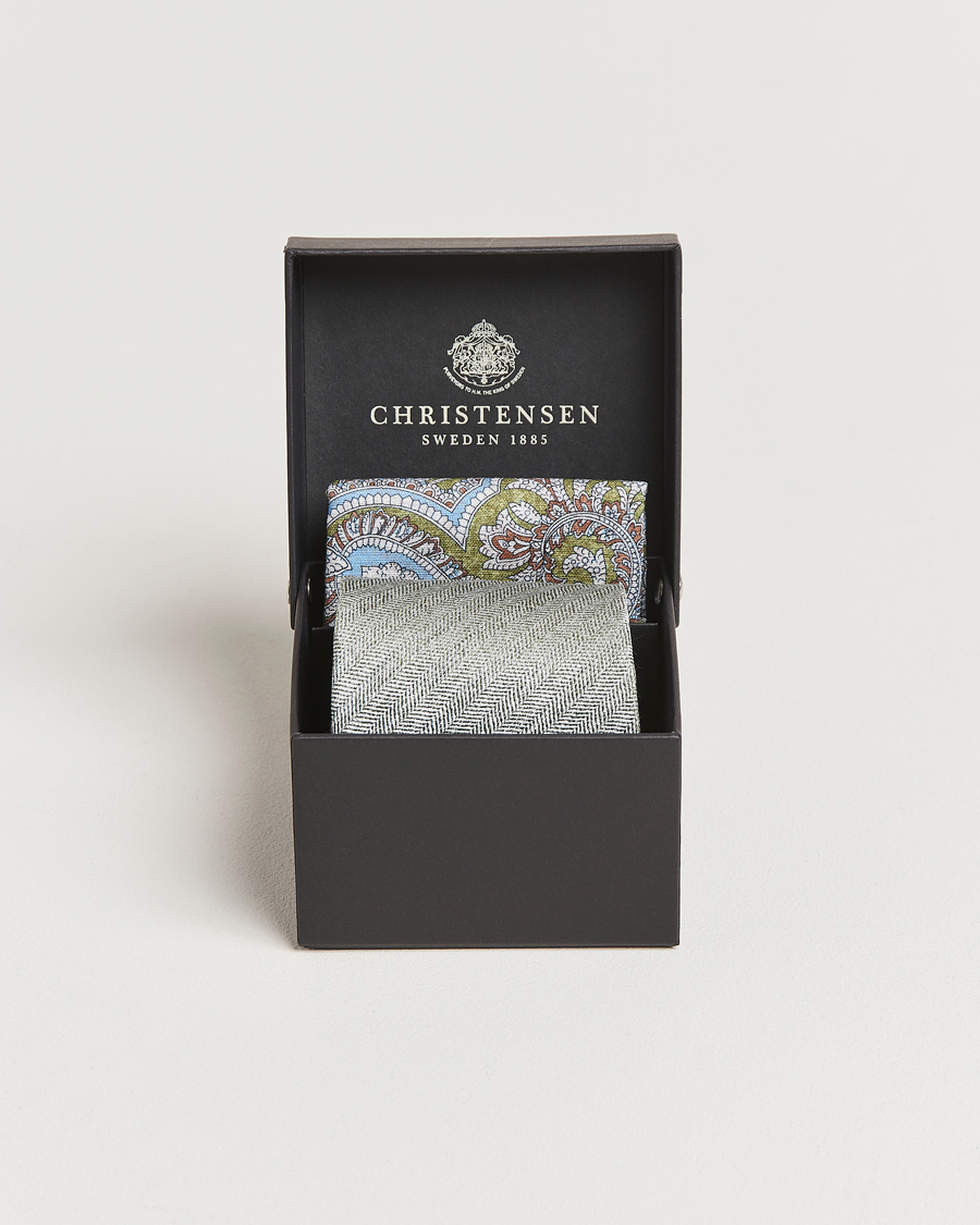 Hombres | Amanda Christensen Box Set Printed Silk 8cm Tie With Pocket Square Green | Amanda Christensen | Box Set Printed Silk 8cm Tie With Pocket Square Green
