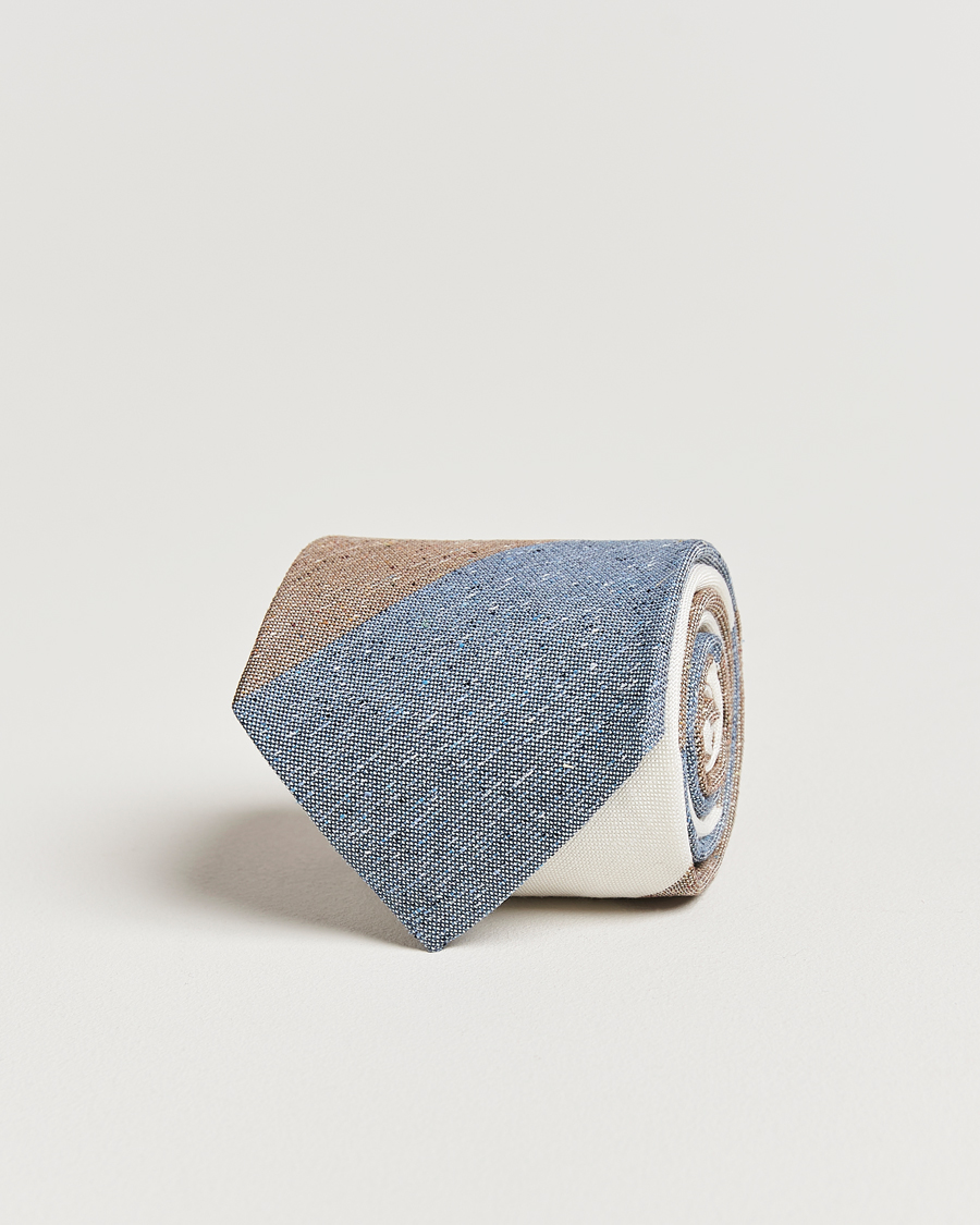 Hombres | Amanda Christensen Silk/Linen Bourette Block Striped 8cm Tie White/Blue/Brown | Amanda Christensen | Silk/Linen Bourette Block Striped 8cm Tie White/Blue/Brown