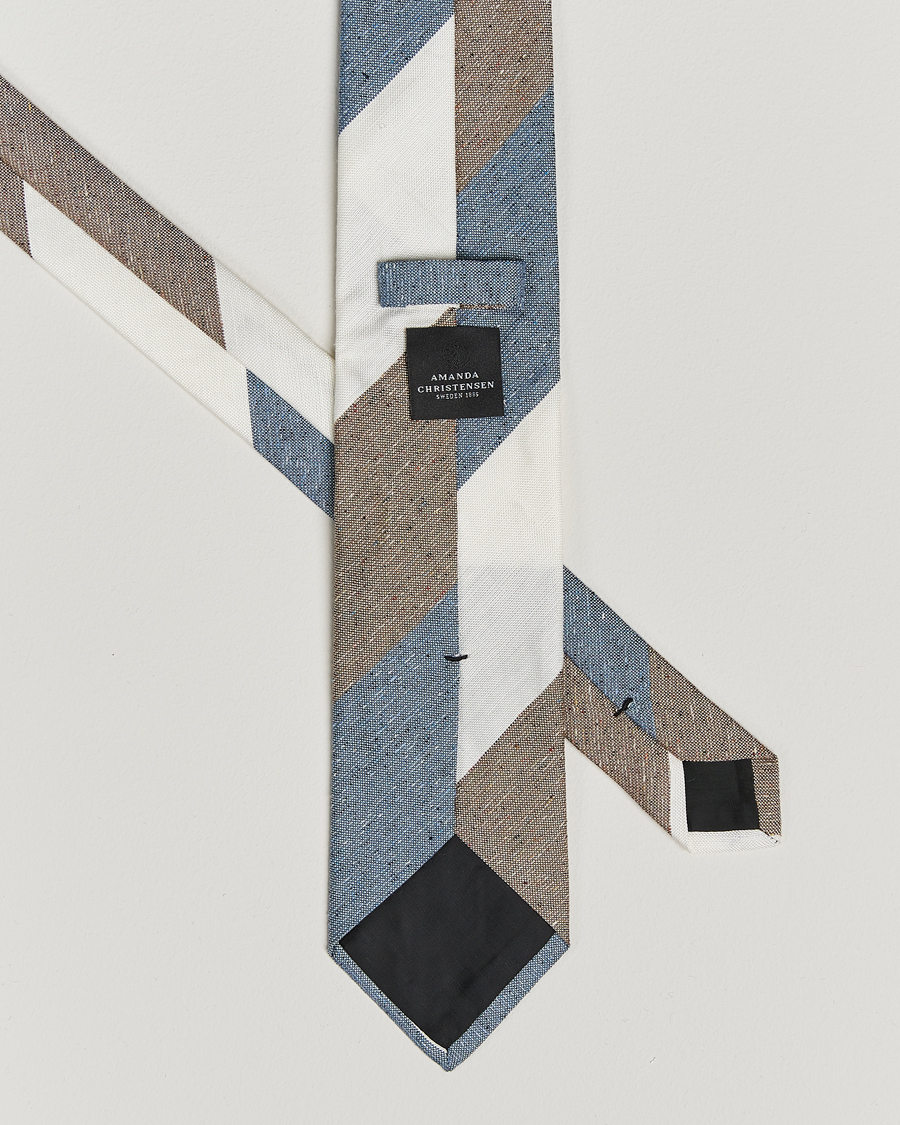 Hombres | Amanda Christensen Silk/Linen Bourette Block Striped 8cm Tie White/Blue/Brown | Amanda Christensen | Silk/Linen Bourette Block Striped 8cm Tie White/Blue/Brown