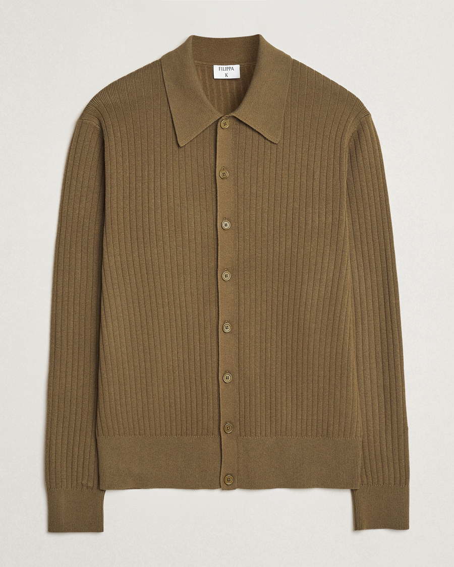 Hombres | Jerséis y prendas de punto | Filippa K | Cotton Merino Ribbed Knitted Cardigan Olive Green