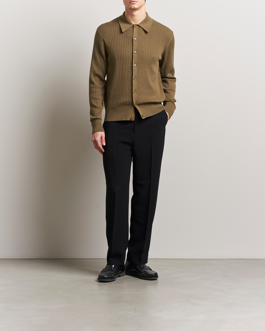 Hombres | Jerséis y prendas de punto | Filippa K | Cotton Merino Ribbed Knitted Cardigan Olive Green