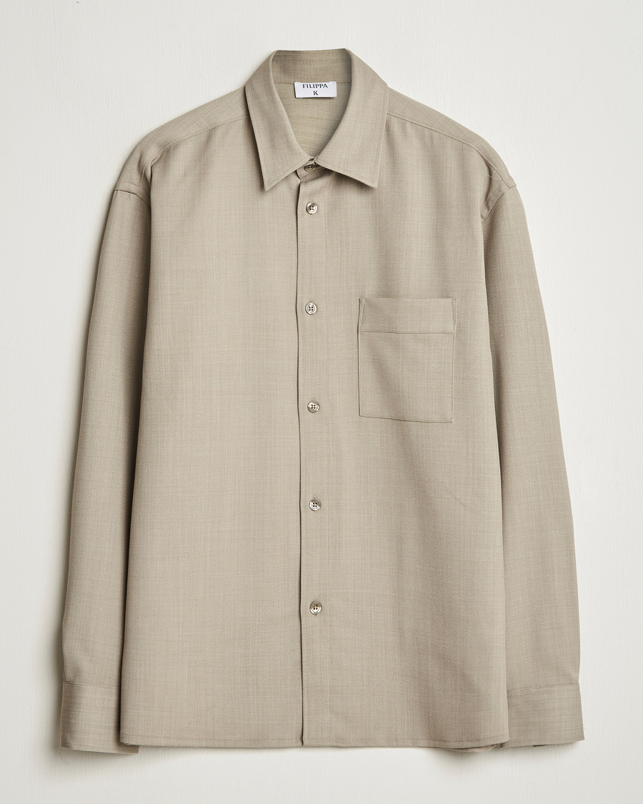 Hombres | Camisas | Filippa K | Boxy Wool Twill Shirt Sage Melange