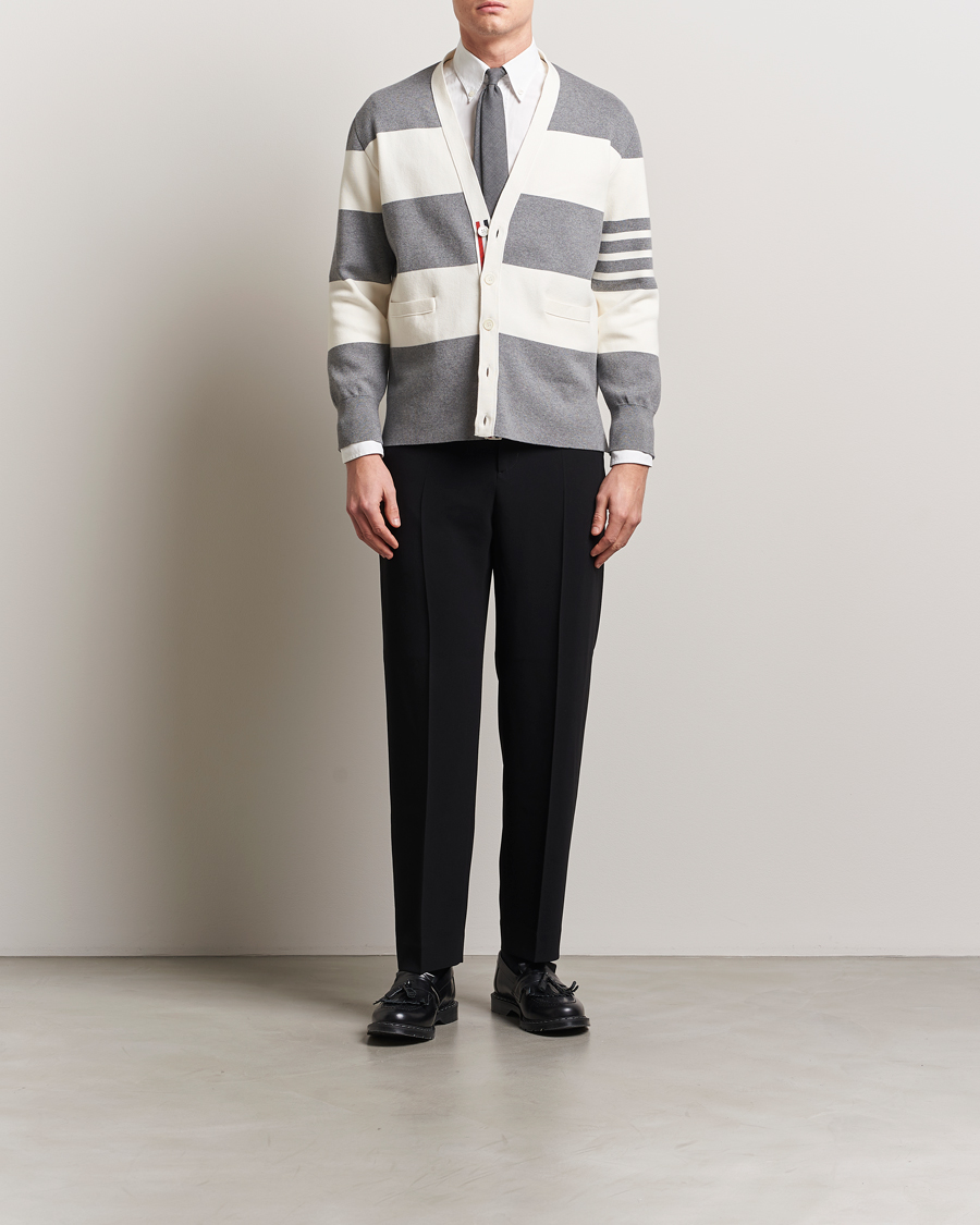 Hombres | Jerséis y prendas de punto | Thom Browne | Rugby Stripe Cotton Cardigan Grey/White