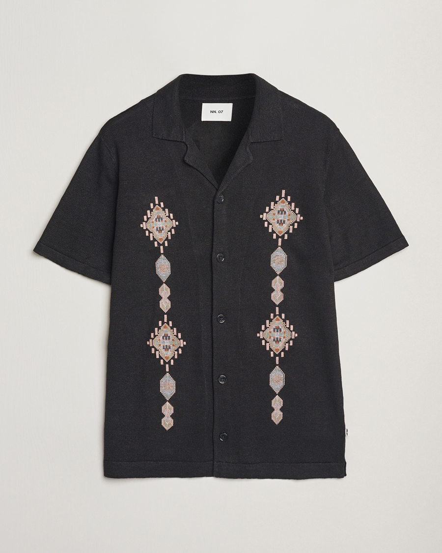 Hombres | Camisas | NN07 | Henry Printed Knitted Short Sleeve Shirt Black