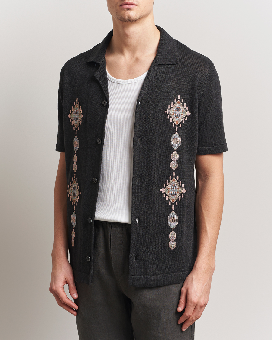 Hombres | Camisas | NN07 | Henry Printed Knitted Short Sleeve Shirt Black