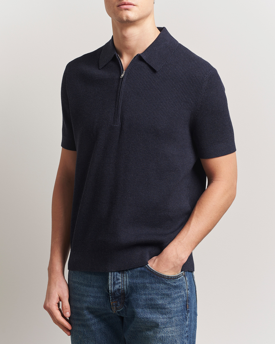 Hombres | Polos | NN07 | Hansie Half Zip Knitted Polo Navy Melange